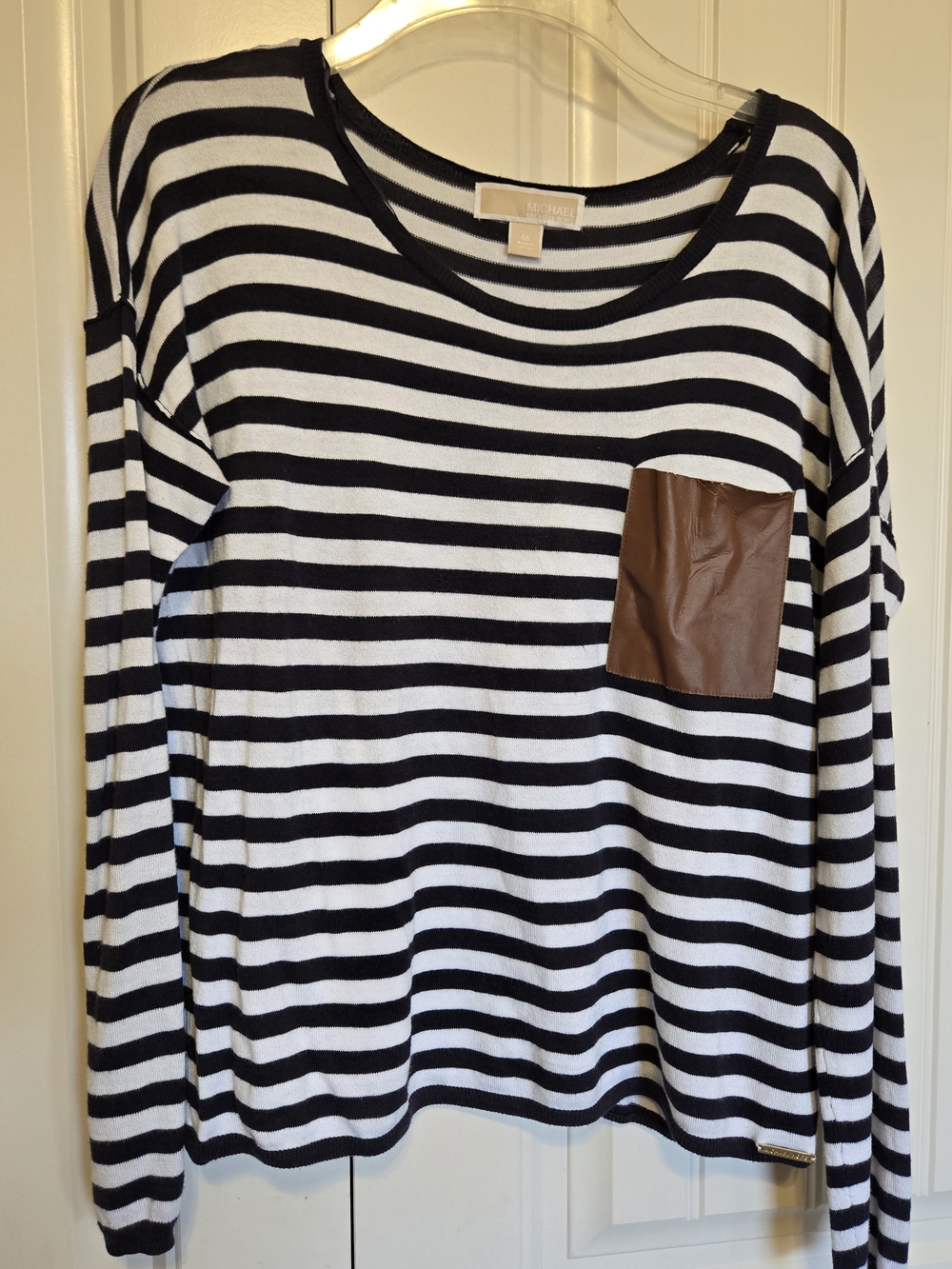 Striped Black & White Long Sleeve Top with Brown Pocket